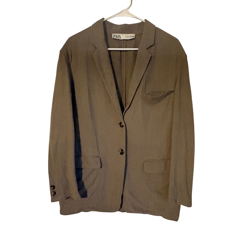 Zara Mens Relaxed Fit Two Button Blazer Jacket Olive Drab Taupe Size Medium